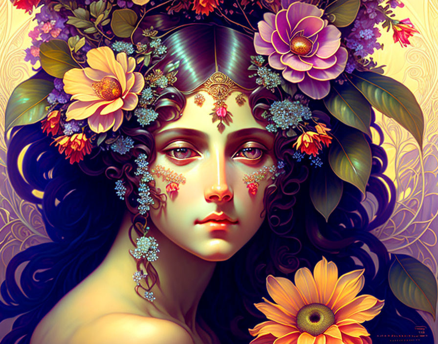 Vibrant fantasy art: Woman with floral headpiece & intricate details