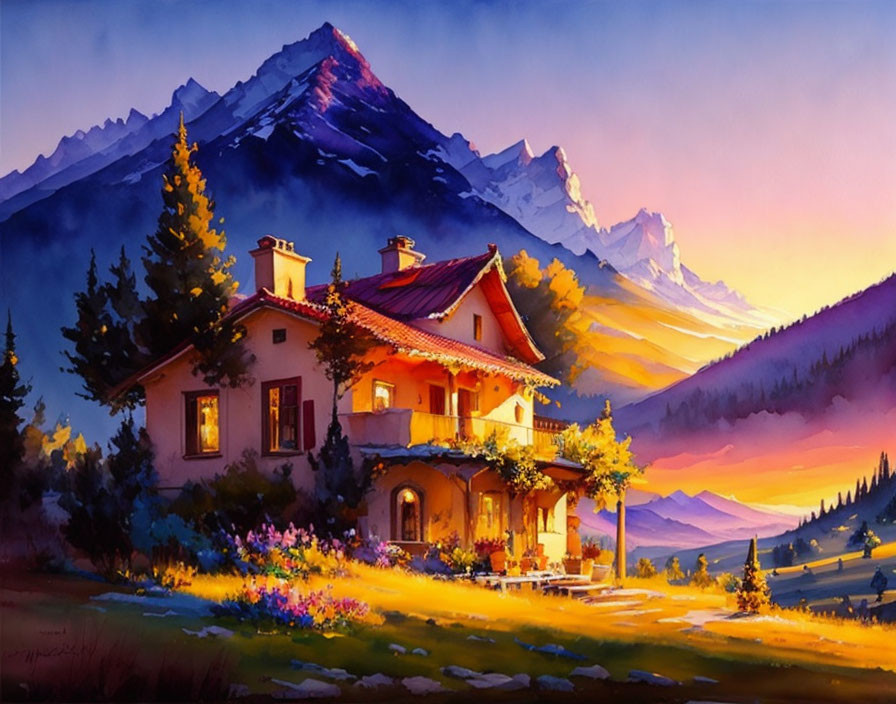 Scenic painting: Cozy house with red roof, flowers, mountains at sunset