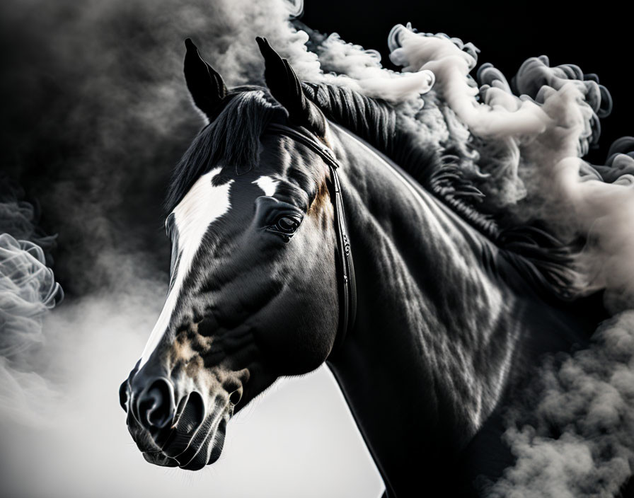 Majestic black horse with glossy coat in swirling white smoke