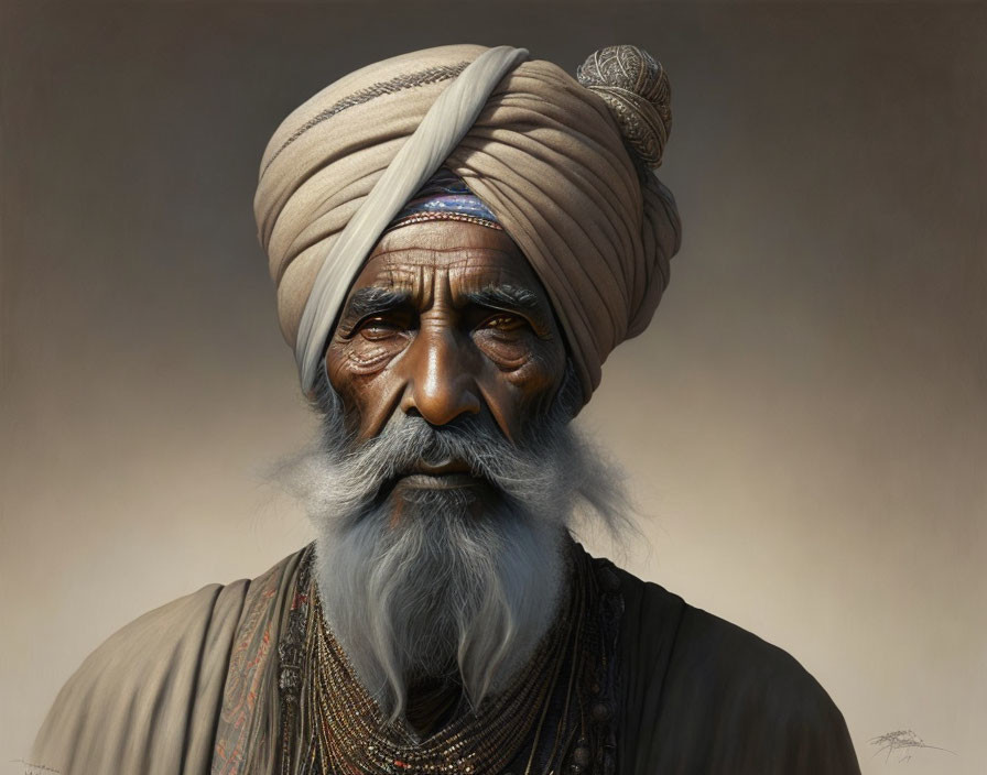 Elderly man with turban and long beard displaying melancholic expression