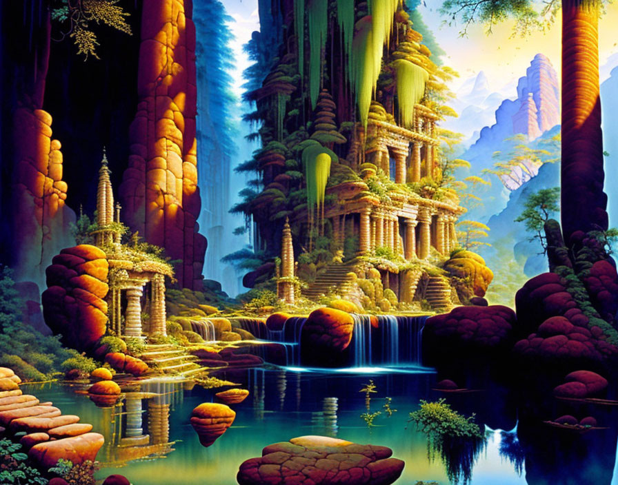 Majestic fantasy landscape with waterfalls, lush vegetation, and unique architecture