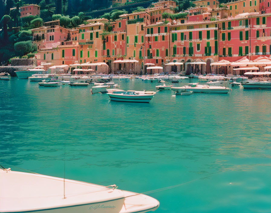 Vibrant bay scene with colorful buildings and moored boats in a Mediterranean coastal village.