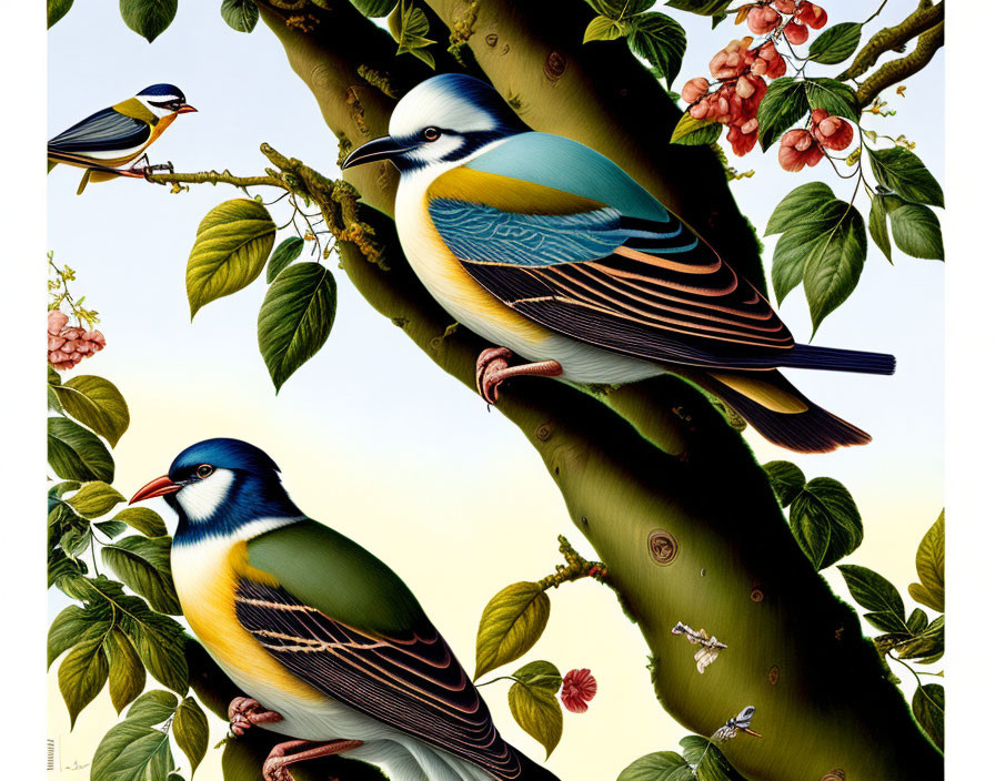 Colorful Birds Perched on Branches with Green Leaves and Red Berries