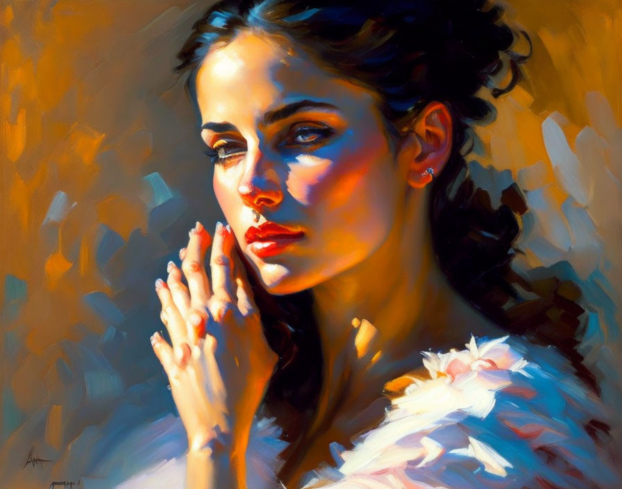 Vibrant painting of woman with dark hair in contemplative pose