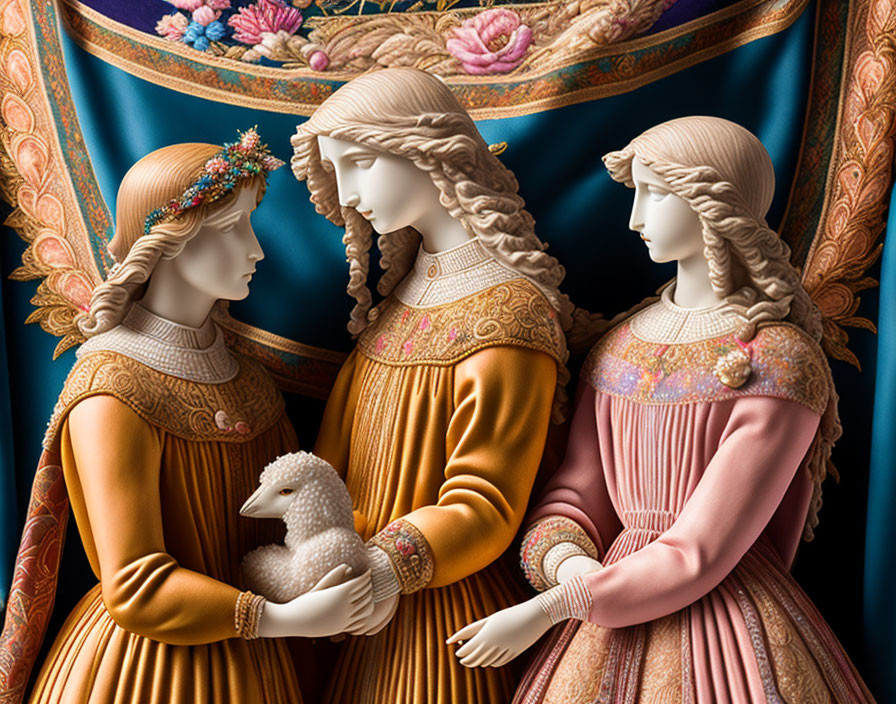 Porcelain Renaissance figures: woman with lamb, two others in floral crowns