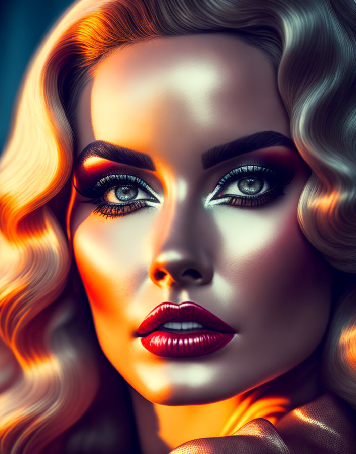 Colorful portrait of woman with blonde wavy hair and bold makeup under dramatic lighting