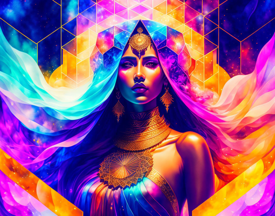 Digital artwork: Woman adorned with mystical jewelry in cosmic setting