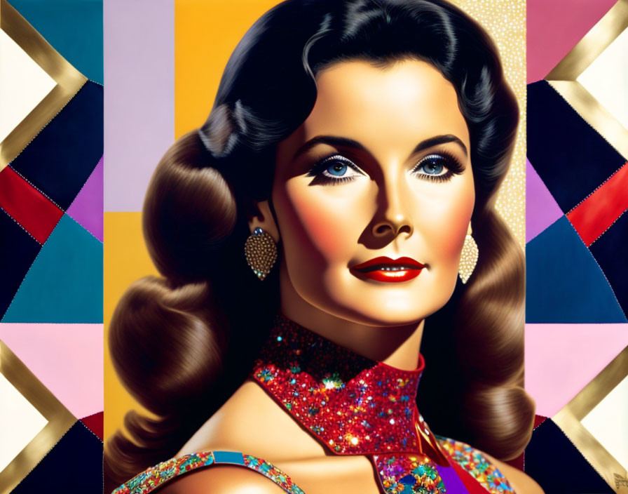 Vintage-styled woman with elegant makeup and hair on colorful geometric backdrop
