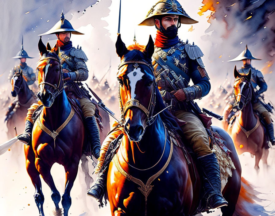 Historical soldiers on horseback in star-adorned uniforms.