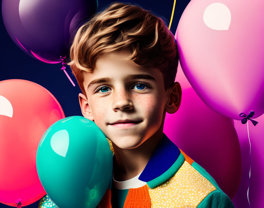 Smiling young boy with curly hair and colorful balloons on dark background