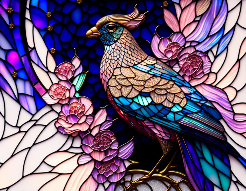 Colorful bird and floral pattern in stained glass style artwork