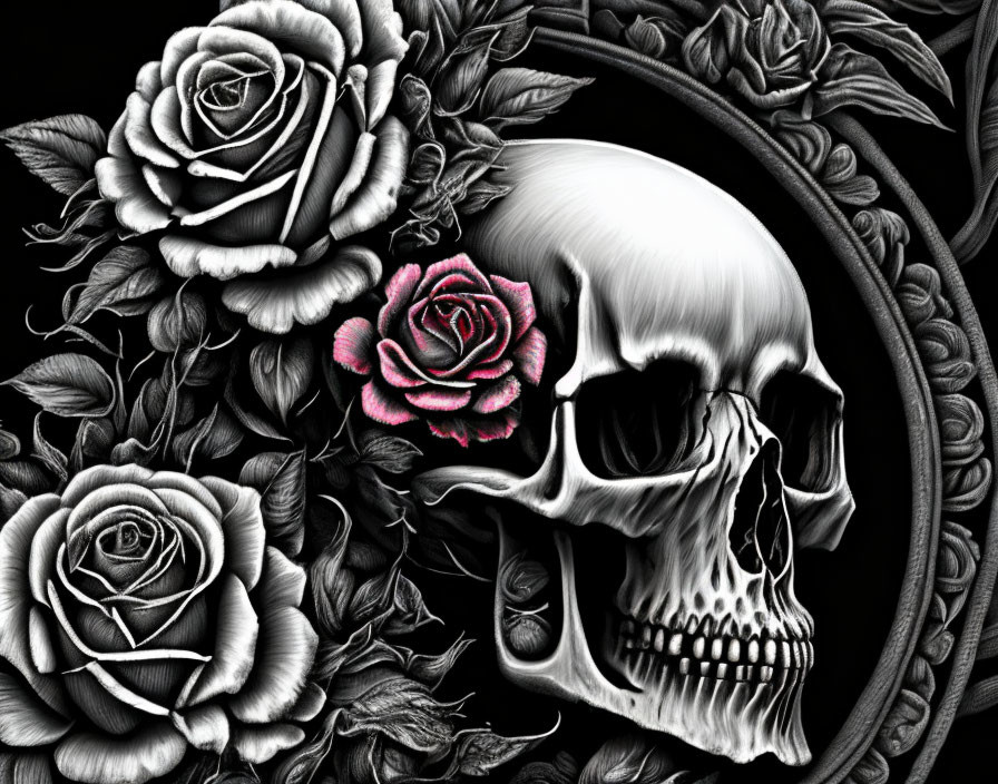 Monochromatic image: Human skull, roses, ornate patterns, touch of pink