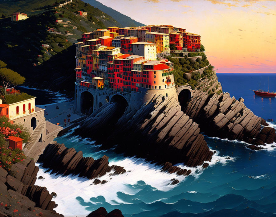 Vibrant circular building on rocky cliff with boat and crashing waves