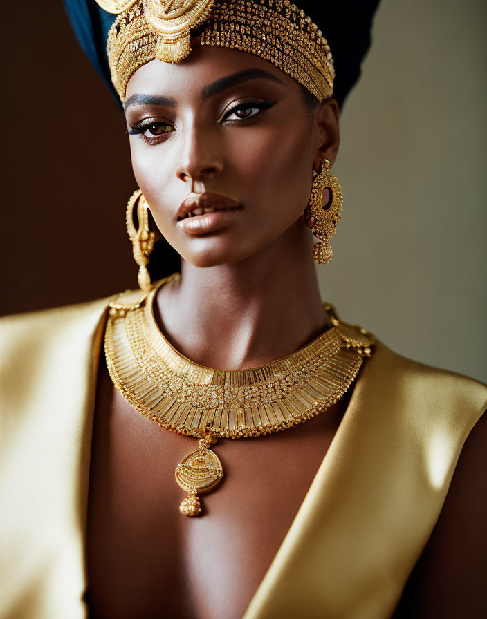 Elegant individual in beaded headpiece and statement jewelry on dark background