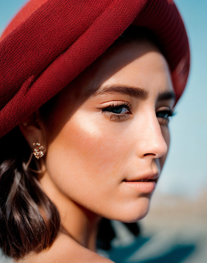 Detailed close-up of woman with red hat, intricate makeup, sunlit cheek, small earring