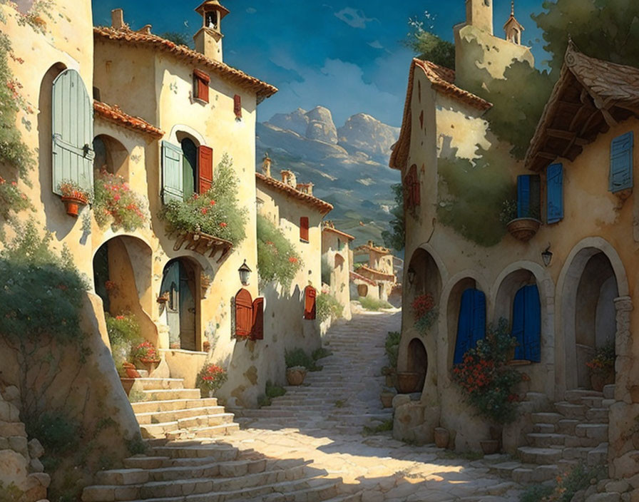 Traditional stone-paved street in serene European village