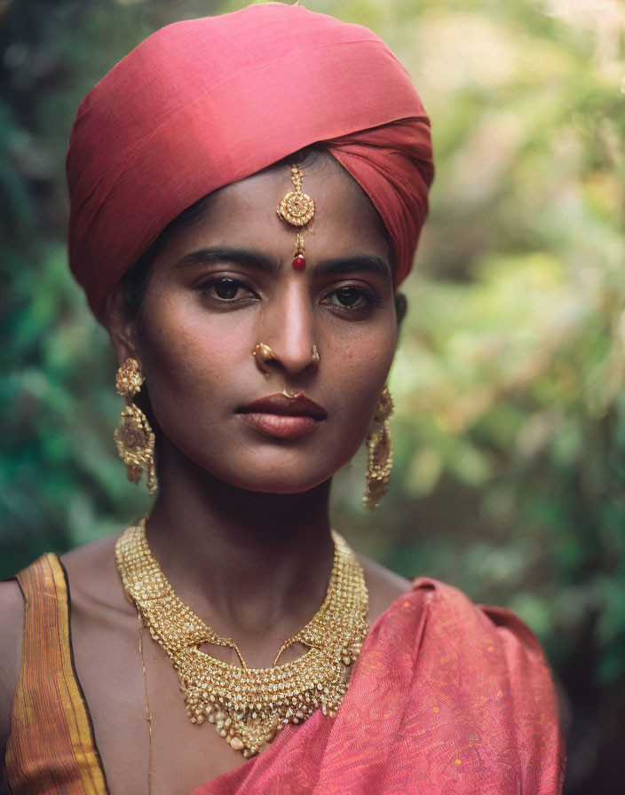 Portrait of a Woman in Red Headwrap, Gold Jewelry, Yellow Garment