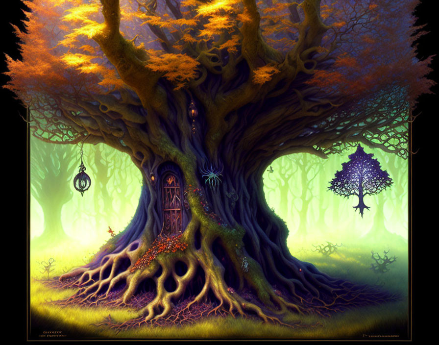 Illustration of massive tree with door, autumn leaves, swing, and mystical glow in forest.