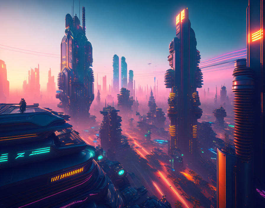 Futuristic cityscape with skyscrapers, neon lights, and flying vehicles at dusk