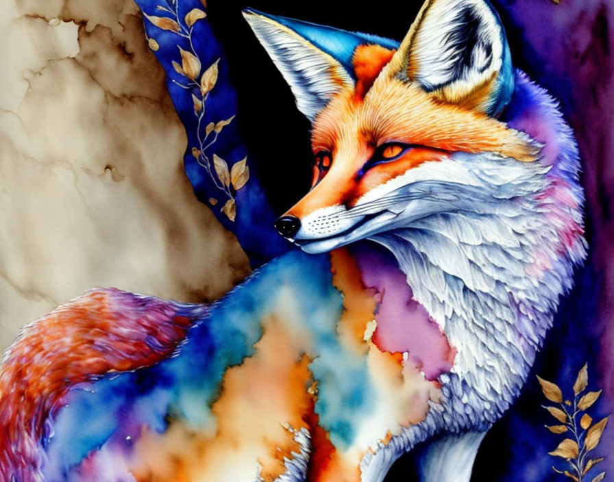 Colorful Watercolor Painting of a Majestic Fox