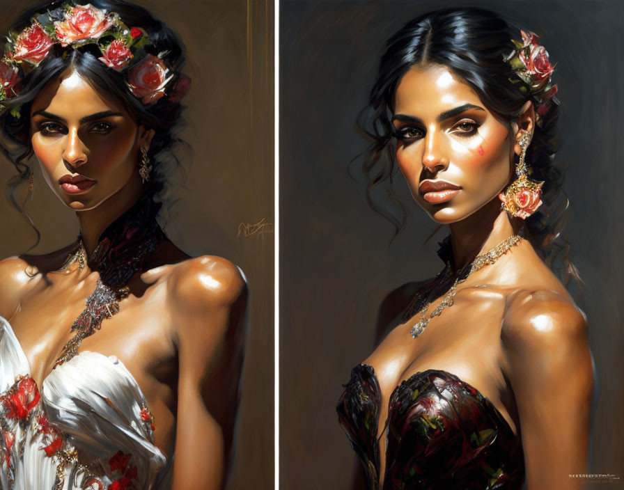 Stylized portraits of a woman with floral headpieces and elegant jewelry in warm lighting