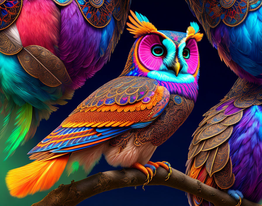 Colorful Owl Art with Detailed Feather Patterns on Branch