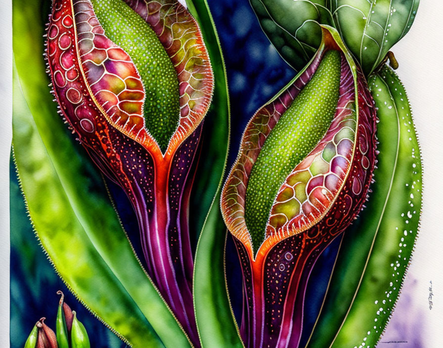 Vibrant Painting of Carnivorous Pitcher Plants in Red, Green, and Purple