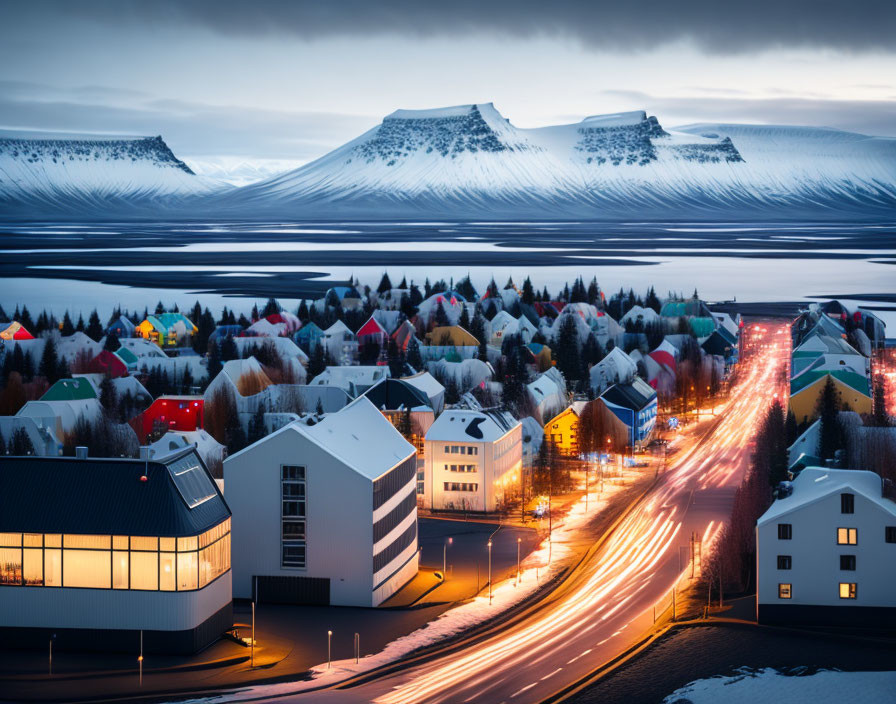 Vibrant snowscape: Colorful houses, glowing streetlights, distant mountains