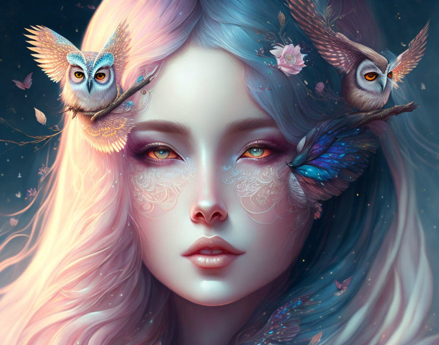 Colorful Hair Woman Portrait Surrounded by Flowers and Owls