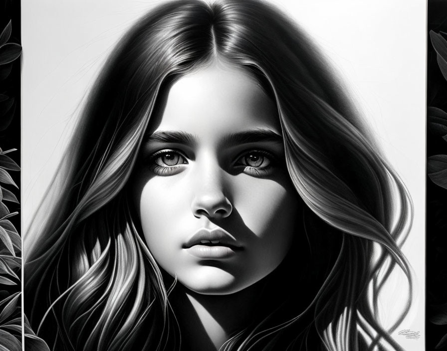 Monochromatic portrait of young woman with wavy hair and intense eyes among dark leaves