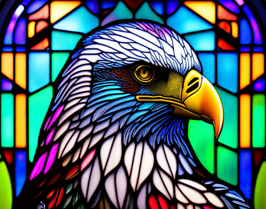 Detailed Eagle Head Illustration Against Colorful Stained Glass Background