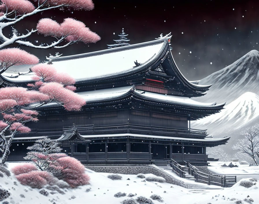 Japanese building with curved roof in snow-covered cherry blossom setting.