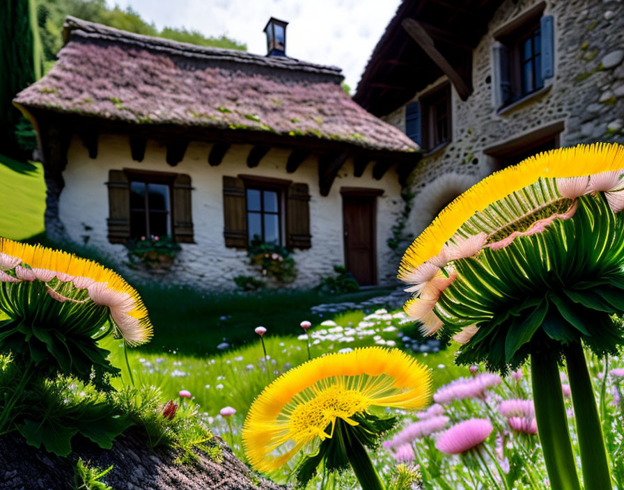 Thatched roof stone house in lush greenery with yellow flowers