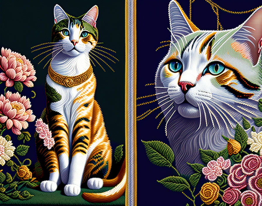 Intricately Embroidered Cats with Vibrant Flowers on Dark Background