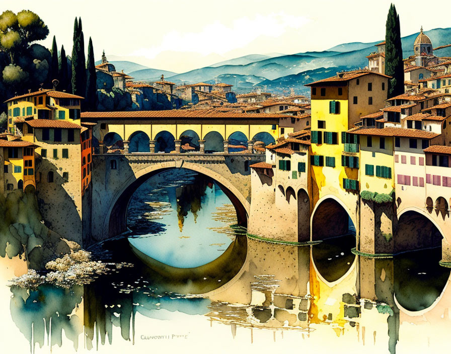 Colorful Ponte Vecchio over Arno River in Florence art.