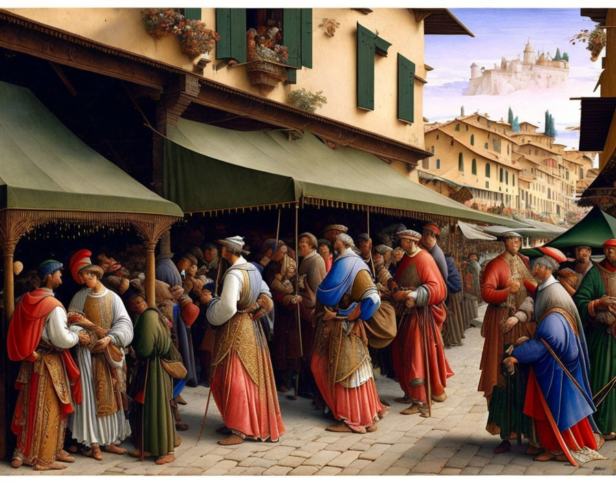 Medieval marketplace scene with townsfolk in colorful attire and ancient castle.