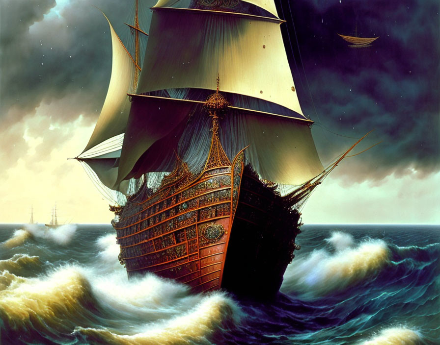 Ornate sailing ship navigating stormy ocean waves