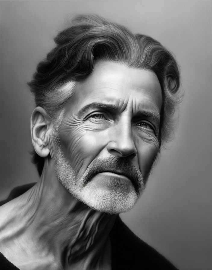 Monochrome portrait of elderly man with hair, mustache, and beard