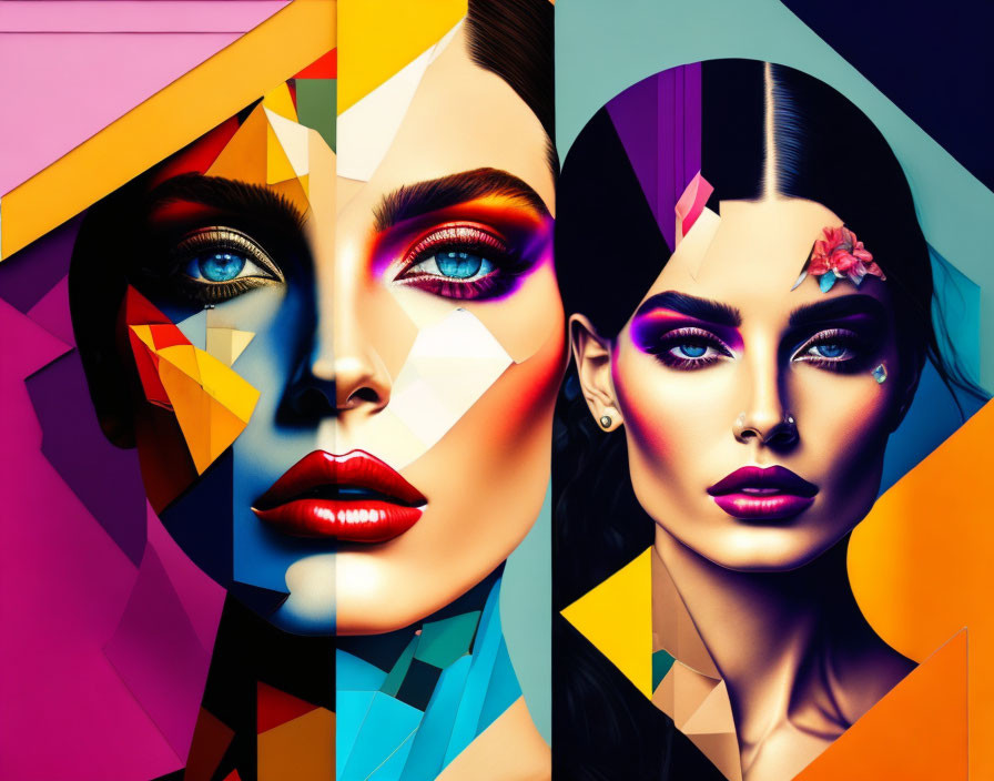 Symmetrical woman faces with vibrant geometric makeup on colorful background