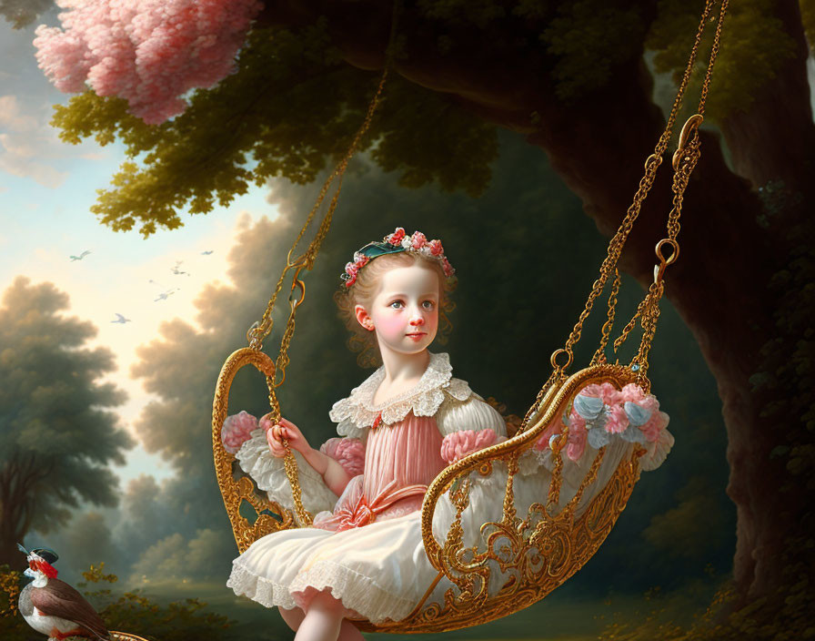 Young girl in vintage dress on ornate swing in lush garden with bird and pastel clouds