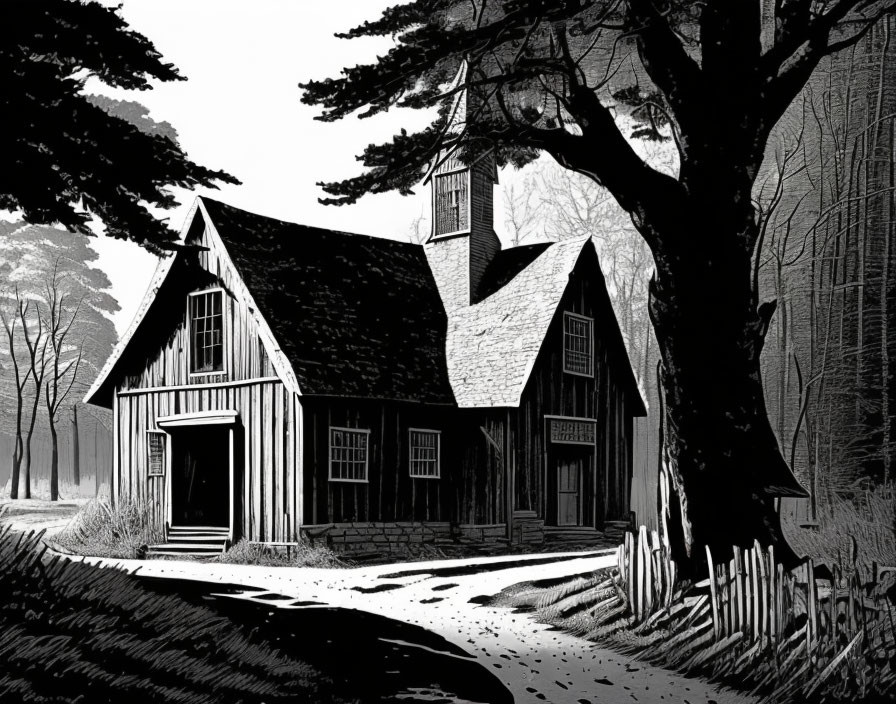 Monochrome illustration of quaint house in forest clearing