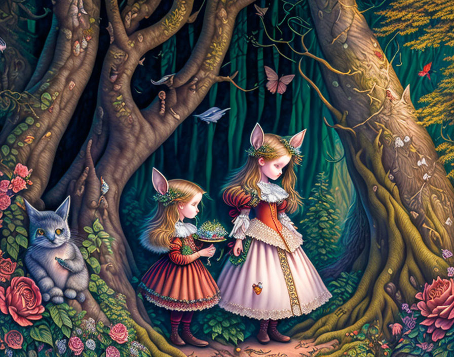 Whimsical girls with rabbit ears in enchanted forest with cat and bird