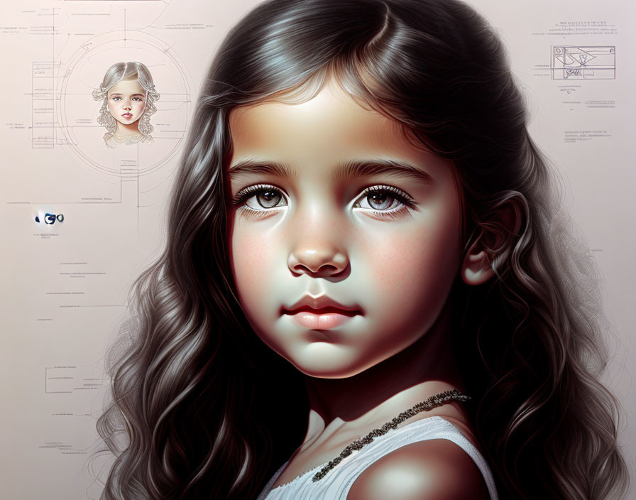 Detailed digital art of young girl with curly hair and intricate eyes against backdrop of schematic diagrams and text