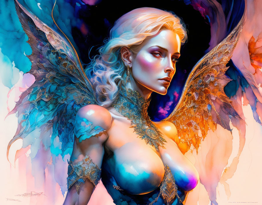 Ethereal woman with wings in vibrant blue and gold tones