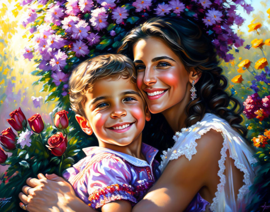 Smiling woman hugging boy in front of vibrant flowers