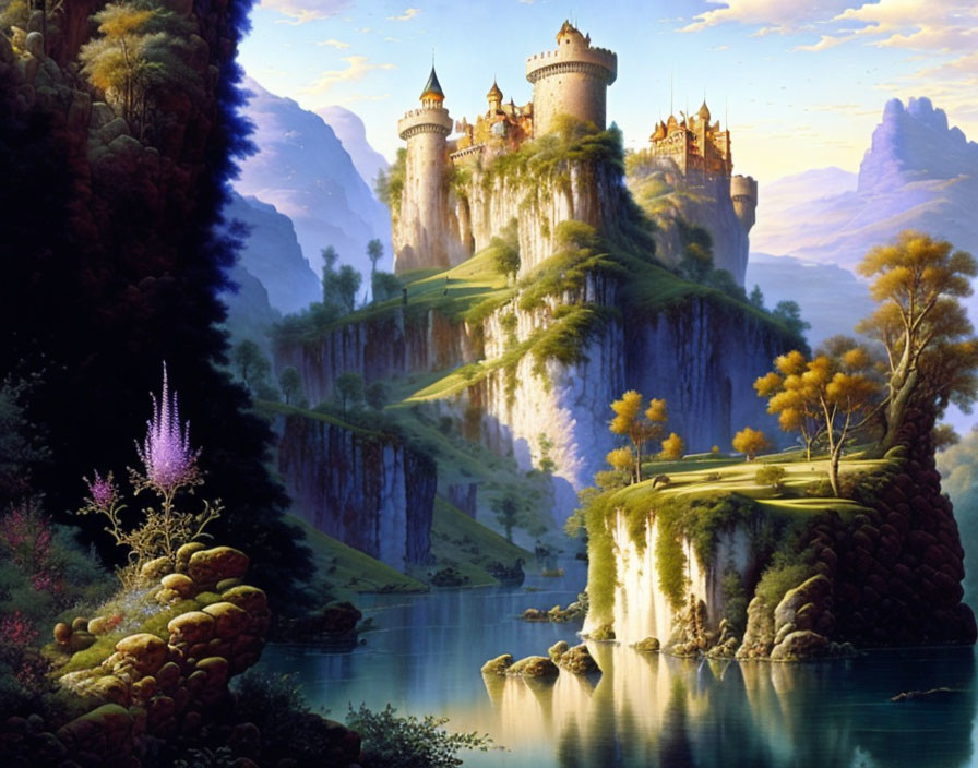 Majestic castle on lush cliff overlooking tranquil lake