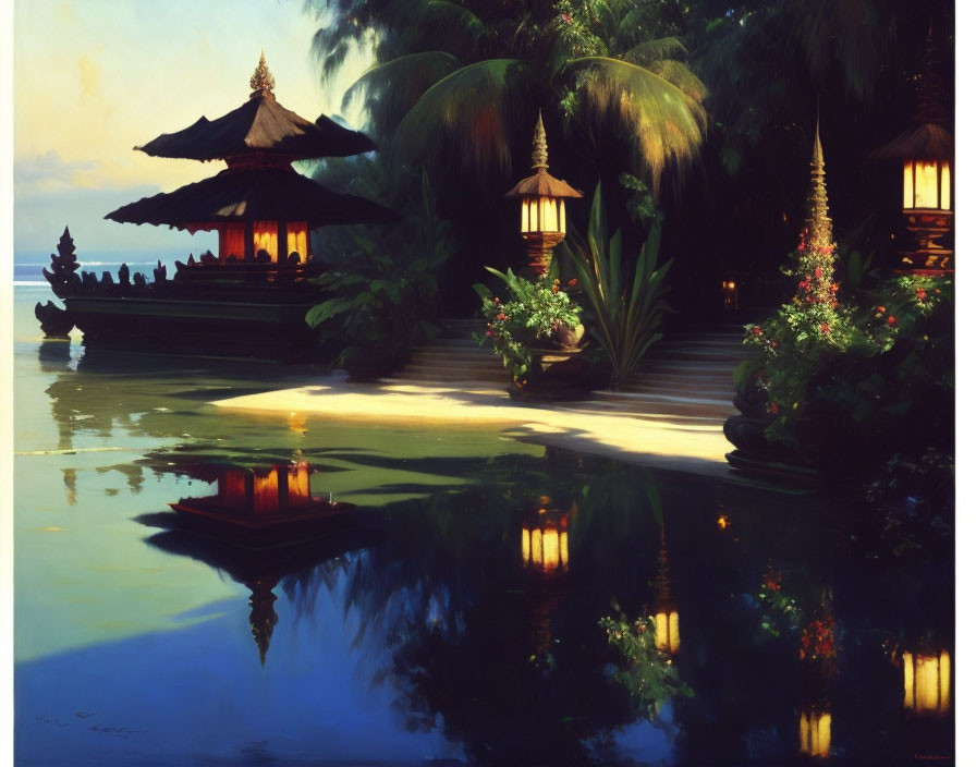 Traditional Balinese temple at tranquil evening pond with foliage, candles, lanterns