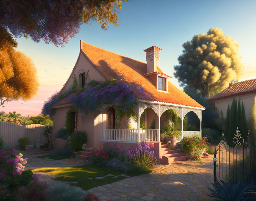 Red-Tiled Roof Cottage in Lush Gardens at Sunset