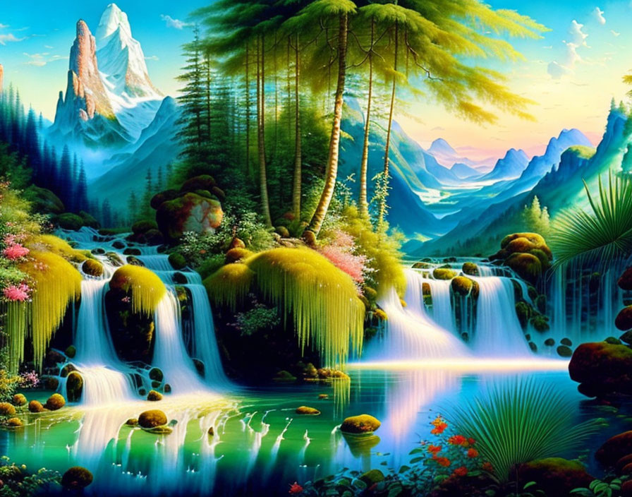 Colorful flora and waterfalls in serene landscape