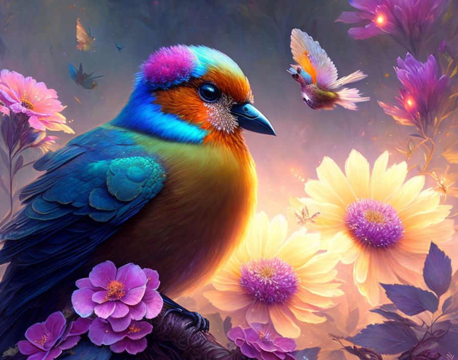 Colorful Bird Among Purple Flowers with Flying Companion